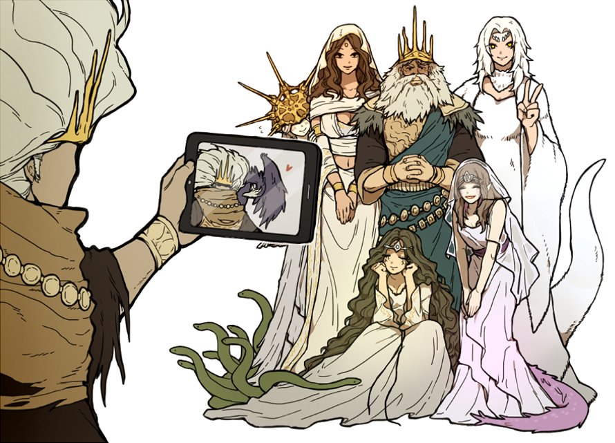 1other 2boys 4girls beard brown_hair cleavage_cutout clothing_cutout company_captain_yorshka crown dark_souls dark_souls_iii dark_sun_gwyndolin donar0217 facial_hair family filianore_(dark_souls) full_body gwyn_lord_of_cinder meme multiple_boys multiple_girls nameless_king priscilla_the_crossbreed queen_of_sunlight_gwynevere self_shot simple_background snake souls_(from_software) tablet_pc v veil white_background white_hair