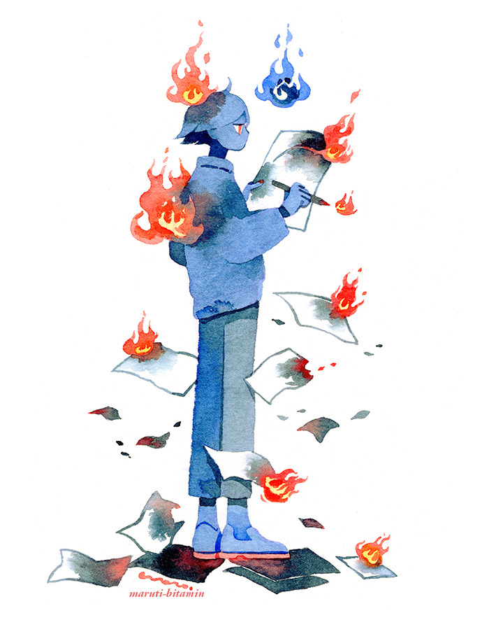 1boy artist_name blue_fire fire full_body long_sleeves maruti_bitamin original pants paper pen profile red_eyes red_nails shoes short_hair solo standing traditional_media watercolor_(medium) white_background