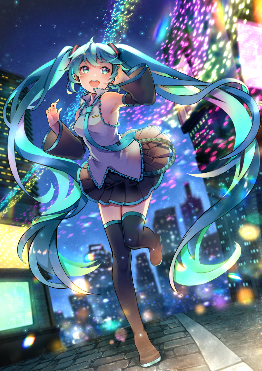 1girl black_skirt blue_eyes blue_hair blue_neckwear boots detached_sleeves hatsune_miku headset highres kyashii_(a3yu9mi) long_hair looking_up necktie open_mouth skirt solo thigh-highs thigh_boots very_long_hair vocaloid