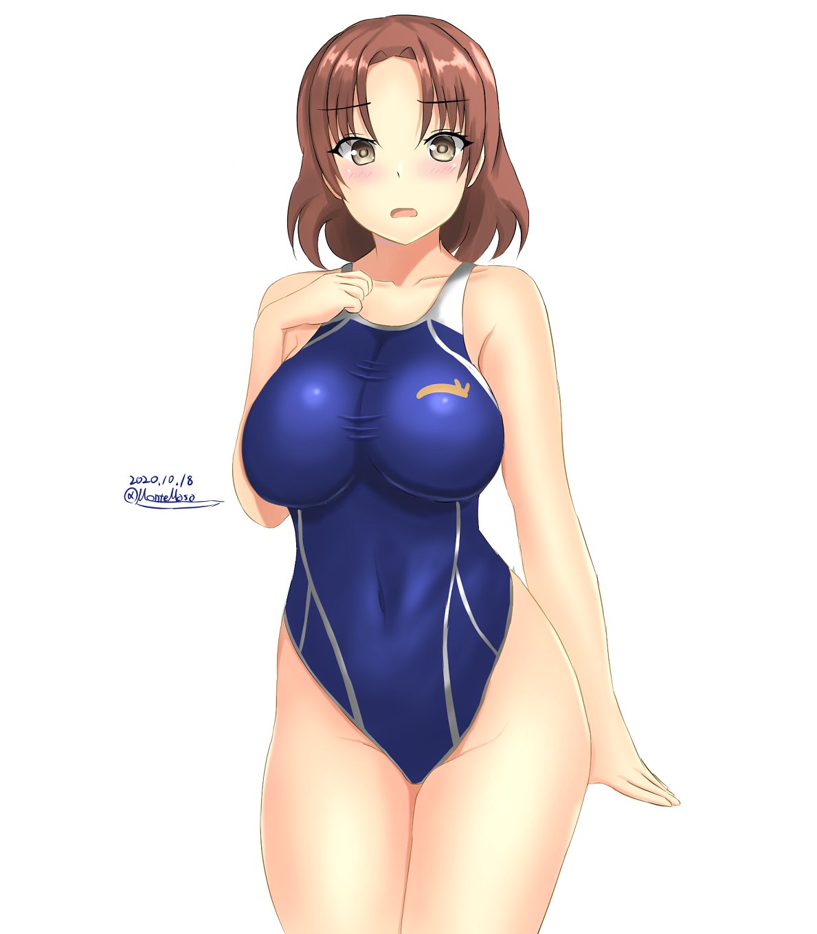 1girl blue_swimsuit blush breasts brown_eyes brown_hair chiyoda_(kantai_collection) competition_swimsuit covered_navel cowboy_shot dated highres kantai_collection large_breasts montemasa one-piece_swimsuit open_mouth short_hair signature simple_background solo swimsuit white_background