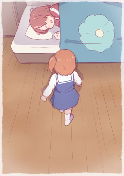 2girls akira bed bed_sheet bedroom blue_dress blush brown_hair child closed_eyes commentary_request dress facing_away from_behind hair_over_one_eye hatafuta head_on_pillow hoshino_hinata hoshino_miyako_(wataten) indoors jacket lying multiple_girls no_shoes on_side open_mouth parody pillow red_jacket sailor_collar sailor_dress school_uniform shadow shirt short_hair siblings side_ponytail sisters sleeping socks track_jacket track_suit walking watashi_ni_tenshi_ga_maiorita! white_legwear white_sailor_collar white_shirt