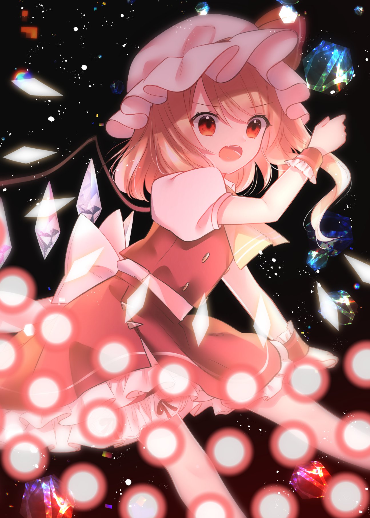 1girl arm_up ascot black_background blonde_hair bloomers buttons cacao_(cacaomgmg) commentary_request crystal danmaku eyebrows_visible_through_hair fang feet_out_of_frame flandre_scarlet flat_chest frilled_cuffs hat hat_ribbon highres leaning_forward light_particles mob_cap open_mouth petticoat puffy_short_sleeves puffy_sleeves red_eyes red_ribbon red_skirt red_vest ribbon short_hair short_sleeves side_ponytail skirt skirt_set solo touhou underwear v-shaped_eyebrows vest white_headwear wings yellow_neckwear