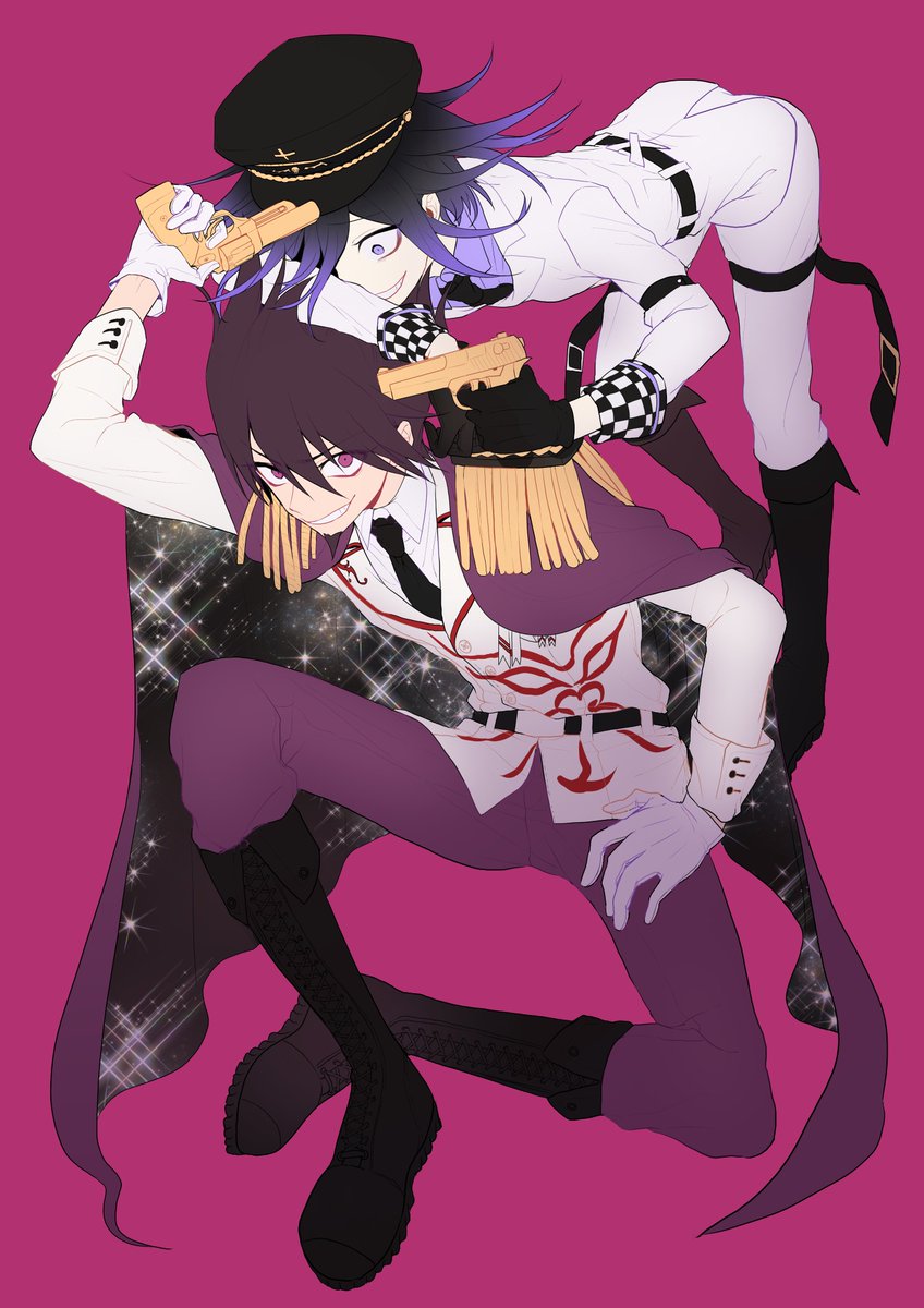 2boys alternate_costume beard belt bent_over black_belt black_footwear black_hair black_headwear black_neckwear blue_shirt boots checkered collared_shirt commentary_request cross-laced_footwear dangan_ronpa epaulettes evil_grin evil_smile facial_hair gloves goatee grin gun hair_between_eyes hand_on_another's_head handgun hat highres holding holding_gun holding_weapon jacket knee_boots long_sleeves looking_at_another male_focus military military_uniform momota_kaito multiple_boys nanin necktie new_dangan_ronpa_v3 ouma_kokichi pants pink_eyes pistol pointing_at_another purple_jacket purple_pants shirt smile starry_sky_print uniform weapon white_gloves white_jacket white_pants white_shirt