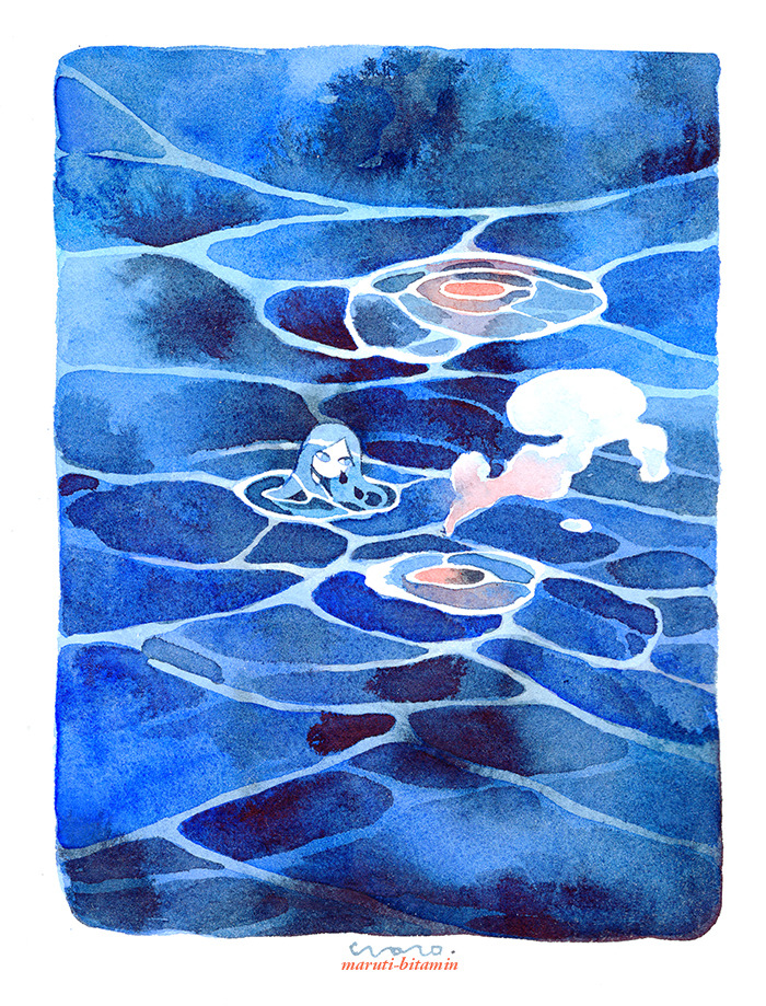 1girl artist_name blue_eyes blue_hair border long_hair maruti_bitamin no_mouth no_nose original partially_submerged solo steam traditional_media water watercolor_(medium) white_border