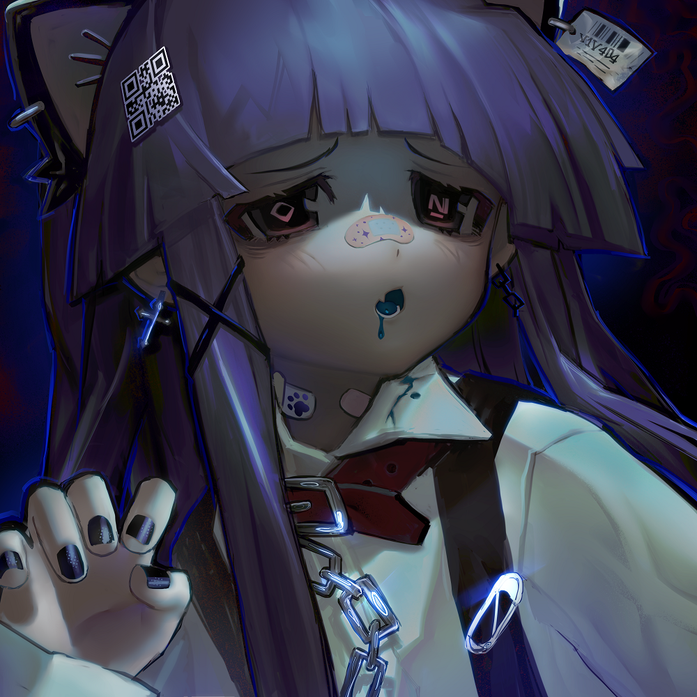 1girl :o animal_ears artist_name bandaid bandaid_on_neck bandaid_on_nose bangs barcode black_background black_eyes black_nails blue_hair blue_tongue blunt_bangs blush cat_ears chain claw_pose collar collared_shirt cross drooling ear_piercing fake_animal_ears fang furude_rika hair_ornament higurashi_no_naku_koro_ni hime_cut paw_print piercing qr_code red_pupils safety_pin shaded_face shirt skin_fang v1v404 white_shirt x_hair_ornament