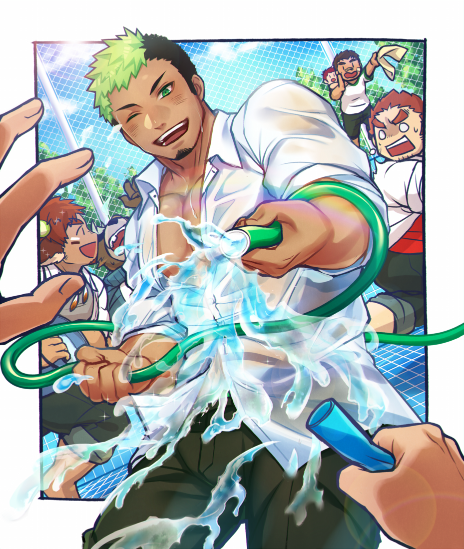 1other 5boys alternate_costume ashigara_(tokyo_houkago_summoners) bara bear_boy black_hair blush brown_hair casual character_request chest cowboy_shot dark_skin dark_skinned_male facial_hair goatee gozu_farm green_eyes green_hair green_pants gunzo_(tokyo_houkago_summoners) hose incoming_attack male_focus multicolored_hair multiple_boys muscle one_eye_closed open_clothes open_shirt pants pov see-through shirt short_hair sideburns sleeves_rolled_up solo_focus taurus_mask thick_thighs thighs tokyo_houkago_summoners two-tone_hair wakan_tanka wet white_shirt