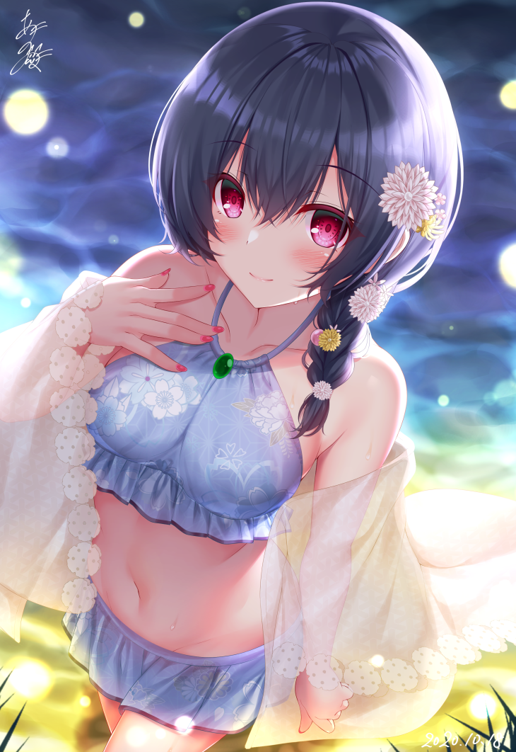 1girl bangs bikini black_hair blue_bikini blush braid breasts closed_mouth commentary_request dated eyebrows_visible_through_hair floral_print flower frilled_bikini frills groin hair_between_eyes hair_flower hair_ornament hair_over_shoulder halter_top halterneck idolmaster idolmaster_shiny_colors long_hair long_sleeves looking_at_viewer morino_rinze nail_polish navel off_shoulder open_clothes print_bikini red_eyes red_nails sleeves_past_wrists small_breasts smile solo swimsuit white_flower wide_sleeves yellow_flower yunagi_amane