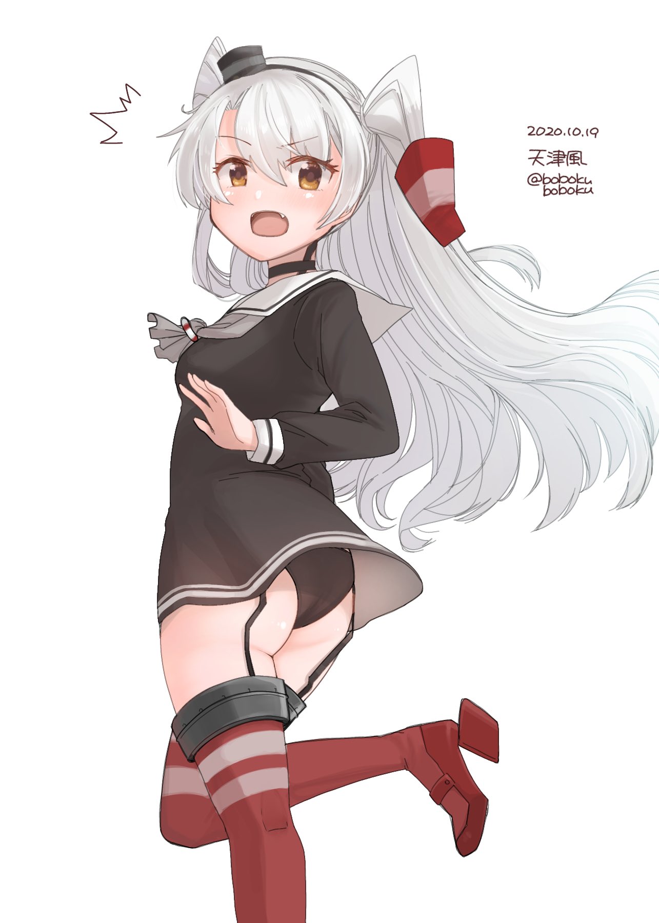 /\/\/\ 1girl amatsukaze_(kantai_collection) ass black_panties bobokuboboku brown_dress brown_eyes brown_neckwear character_name commentary_request dated dress fang from_behind garter_straps hair_tubes hat highres kantai_collection long_hair looking_at_viewer mini_hat neckerchief panties red_legwear red_neckwear sailor_collar sailor_dress short_dress silver_hair simple_background skin_fang smokestack_hair_ornament solo striped striped_legwear surprised thigh-highs twitter_username two_side_up underwear white_background white_sailor_collar windsock