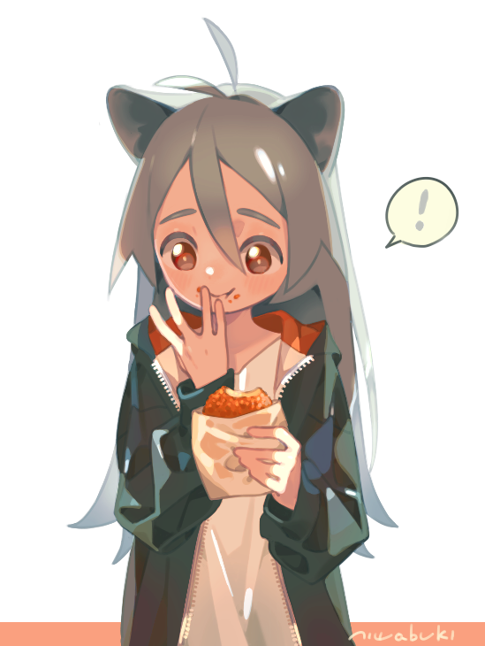 ! 1girl 3: :t animal_ears antenna_hair aqua_hair aqua_jacket backlighting cat_ears closed_mouth croquette dot_nose eyebrows finger_to_mouth food food_on_face hair_between_eyes hands_up holding holding_food hood hood_down hooded_jacket jacket long_hair long_sleeves niwabuki noshime_ruka open_clothes open_jacket original red_eyes shirt signature simple_background solo speech_bubble spoken_exclamation_mark tareme upper_body white_background white_shirt zipper_pull_tab