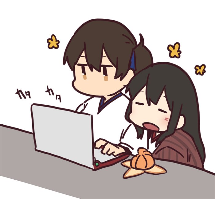 2girls akagi_(kantai_collection) betchan black_hair brown_hair closed_eyes computer flower_(symbol) food fruit hanten_(clothes) japanese_clothes jitome kaga_(kantai_collection) kantai_collection kotatsu laptop long_hair mandarin_orange multiple_girls open_mouth side_ponytail table