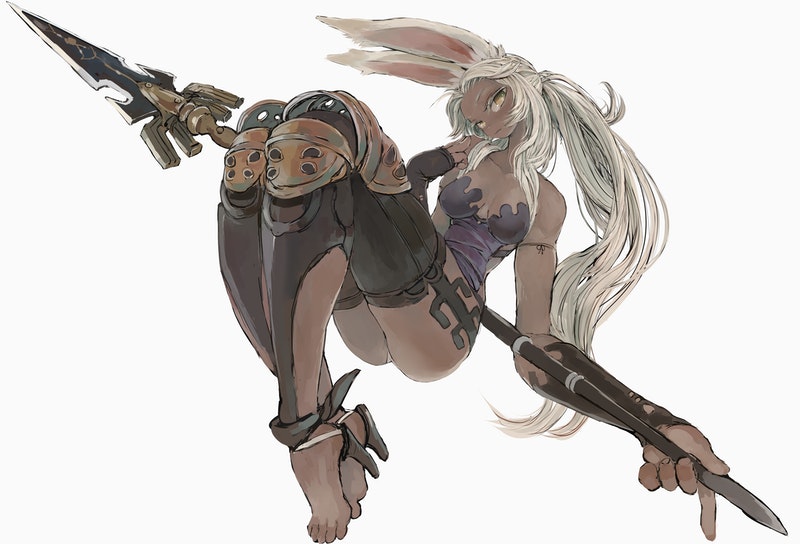 1girl animal_ears barefoot closed_mouth commission dark_skin ebimomo final_fantasy final_fantasy_xiv grey_hair holding holding_spear holding_weapon knee_pads long_hair looking_at_viewer original polearm rabbit_ears simple_background skeb_commission solo spear very_long_hair weapon white_background yellow_eyes