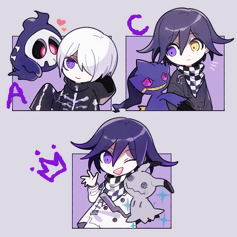 1202_koge 2boys :d alternate_color banette black_hoodie black_jacket border character_request checkered checkered_scarf chibi commentary_request crossover dangan_ronpa duskull flipped_hair gen_3_pokemon gen_7_pokemon grey_border hair_between_eyes hair_over_one_eye hand_up heart heterochromia hood hood_down jacket long_sleeves male_focus mimikyu multiple_boys multiple_views new_dangan_ronpa_v3 notice_lines one_eye_closed one_eye_covered open_mouth ouma_kokichi outside_border pants pokemon purple_background purple_hair purple_theme scarf shiny_pokemon short_hair simple_background skeleton_print smile sparkle straitjacket upper_teeth violet_eyes white_hair