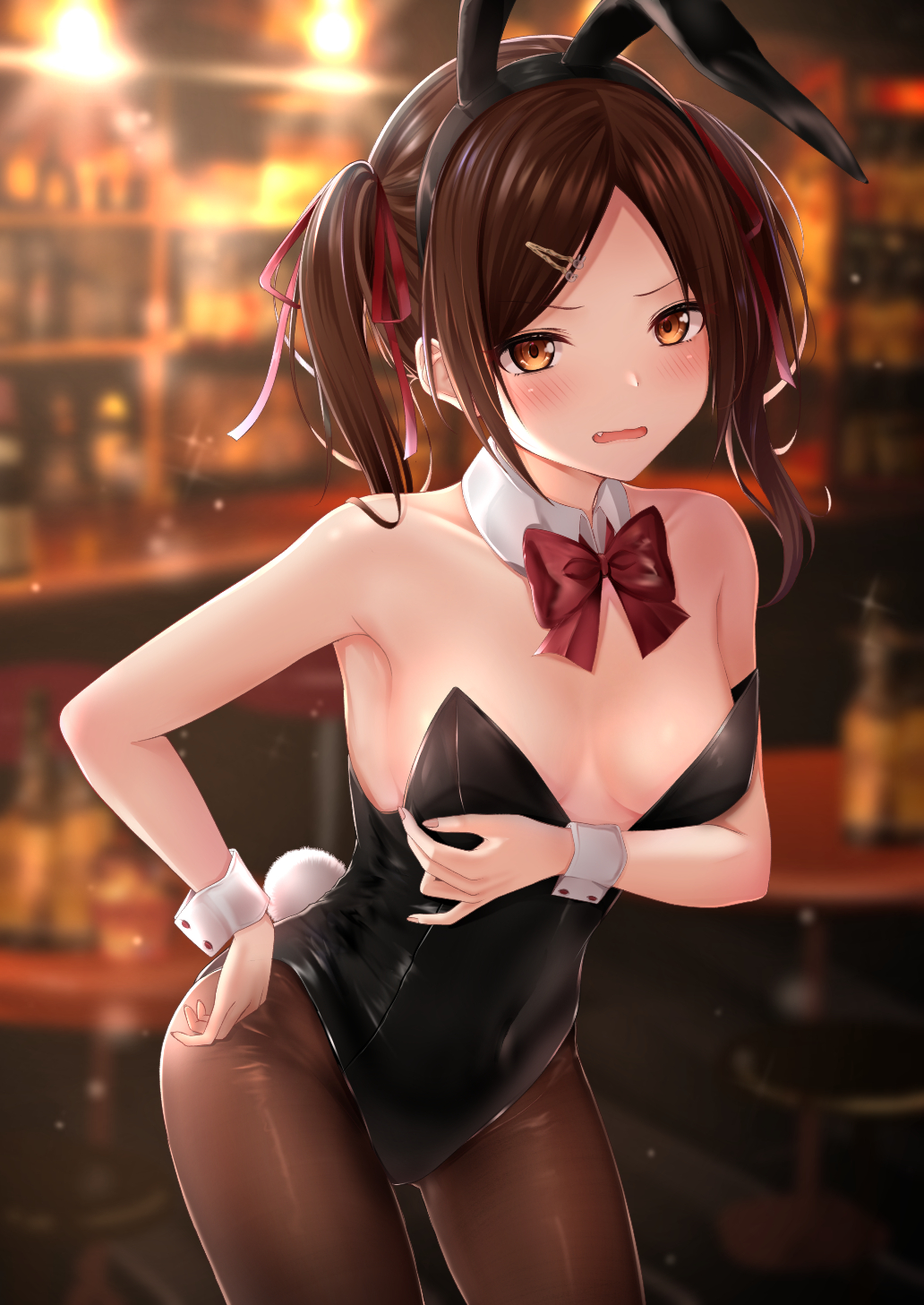 1girl animal_ears armpits bangs bar bare_arms bare_shoulders black_leotard blurry blush bow bowtie breasts brown_hair brown_legwear bunny_tail collarbone cowboy_shot depth_of_field detached_collar fang frown hair_ornament hair_ribbon hairband hairclip highleg highleg_leotard highres karu_(qqqtyann) leotard long_hair looking_at_viewer open_mouth orange_eyes original pantyhose parted_bangs playboy_bunny rabbit_ears ribbon sidelocks small_breasts solo standing strapless strapless_leotard tail twintails wrist_cuffs