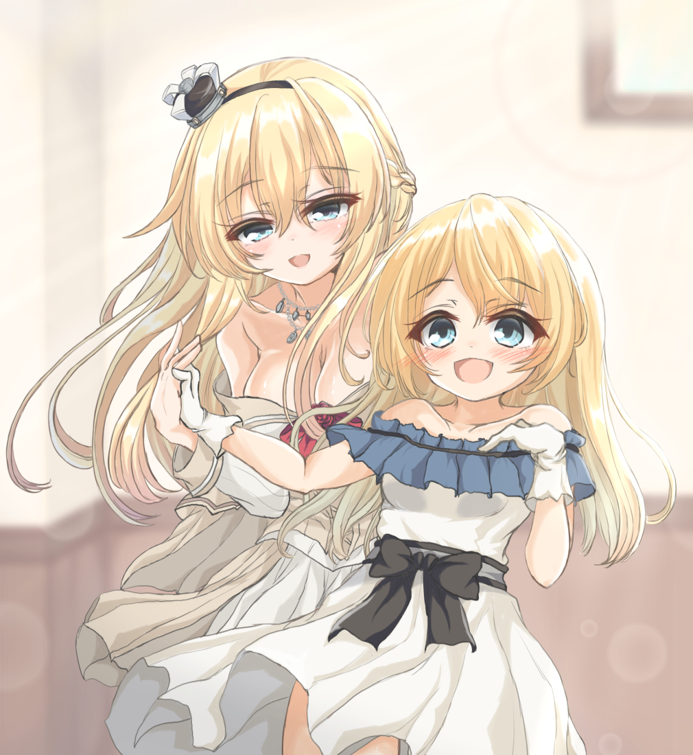 2girls alternate_costume blonde_hair blue_eyes braid collarbone commentary_request cowboy_shot crown dress flower french_braid gloves jervis_(kantai_collection) jewelry kantai_collection kasashi_(kasasi008) long_hair long_sleeves mini_crown multiple_girls necklace off-shoulder_dress off_shoulder red_flower red_ribbon red_rose ribbon rose smile warspite_(kantai_collection) white_dress white_gloves