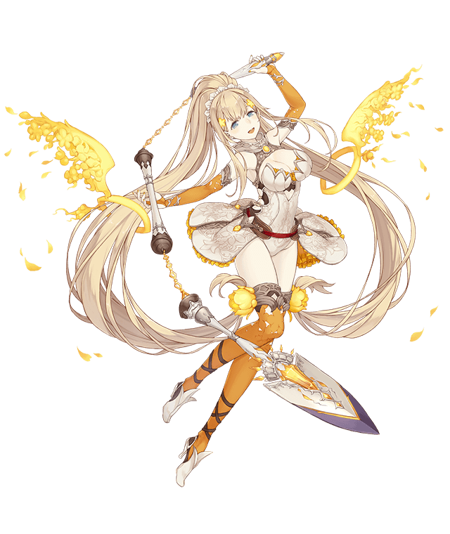 1girl :d blonde_hair blue_eyes breasts bridal_gauntlets chain elbow_gloves frilled_skirt frills full_body gloves high_heels ji_no large_breasts long_hair looking_at_viewer official_art open_mouth petals rapunzel_(sinoalice) showgirl_skirt sinoalice skirt smile solo thigh-highs transparent_background twintails upper_teeth very_long_hair