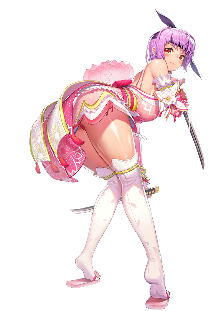 1girl ass ayane ayane_(doa) bangs closed_mouth dead_or_alive destiny_child dual_wielding full_body headband holding holding_sword holding_weapon kim_hyung_tae looking_at_viewer official_art over-kneehighs purple_hair red_eyes reverse_grip sandals shiny shiny_skin short_hair solo sword thigh-highs tiptoes transparent_background wakizashi weapon white_legwear