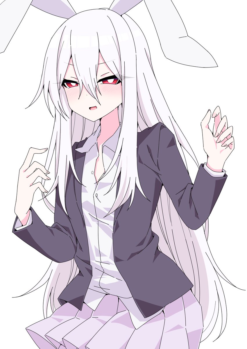 1girl albino alternate_hair_color animal_ears bangs blazer bright_pupils clenched_hands collared_shirt eyebrows_visible_through_hair hair_between_eyes highres jacket long_hair long_sleeves looking_at_viewer open_mouth pleated_skirt purple_skirt rabbit_ears red_eyes reisen_udongein_inaba shirt simple_background skirt smile solo touhou tsukimirin upper_body v-shaped_eyebrows white_background white_hair white_shirt