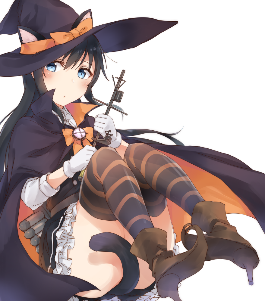 1girl animal_ears asashio_(kantai_collection) bangs belt black_hair black_legwear blue_eyes cat_ears cat_tail cloak frilled_skirt frills gloves halloween kantai_collection long_hair long_sleeves satsumi shirt simple_background skirt solo striped striped_legwear tail white_background white_gloves white_shirt