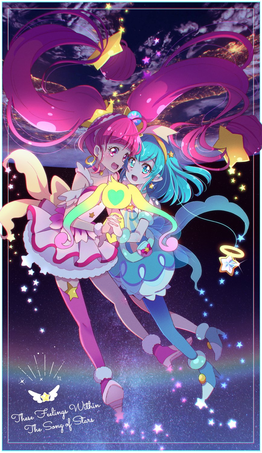 2girls blue_dress blue_eyes blue_hair cure_milky cure_star dress english_text floating fuwa_(precure) hagoromo_lala highres holding_hands hoshina_hikaru juugoya_neko long_hair magical_girl multiple_girls open_mouth pink_dress pink_eyes pink_hair planet precure space star_twinkle_precure uma_(precure) very_long_hair