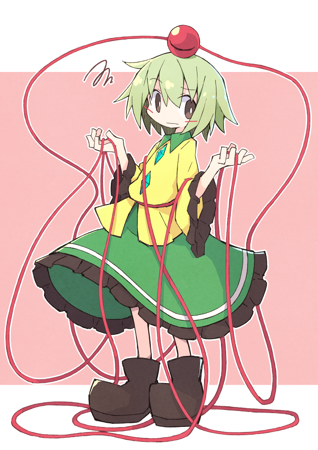 1girl asameshi black_footwear blush_stickers commentary frilled_sleeves frills full_body green_hair green_skirt hands_up komeiji_koishi no_hat no_headwear object_on_head pink_background raised_eyebrow shirt shoes short_hair skirt solo squiggle third_eye touhou wide_sleeves yellow_shirt