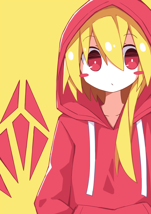1girl alternate_wings asameshi blonde_hair blush_stickers bright_pupils casual commentary contemporary flandre_scarlet hair_between_eyes hands_in_pockets hood hood_up long_hair long_sleeves looking_at_viewer red_eyes red_hoodie side_ponytail simple_background solo touhou upper_body wings yellow_background