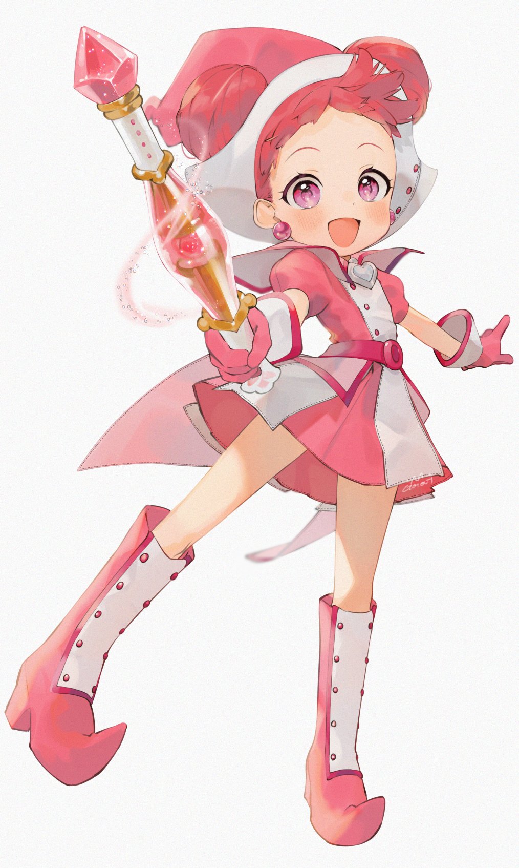 1girl :d artist_name boots commentary double_bun dress earrings full_body gloves gotoh510 grey_background harukaze_doremi hat heart high_heel_boots high_heels highres holding holding_wand jewelry looking_at_viewer magical_girl ojamajo_doremi open_mouth pointy_footwear puffy_short_sleeves puffy_sleeves red_dress red_eyes red_footwear red_gloves red_headwear redhead sailor_collar short_dress short_hair short_sleeves simple_background smile solo standing standing_on_one_leg wand witch_hat