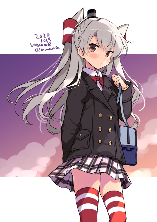 1girl alternate_costume amatsukaze_(kantai_collection) black_coat blush brown_eyes coat dated eyebrows_visible_through_hair feet_out_of_frame hair_between_eyes hair_tubes kantai_collection long_hair long_sleeves odawara_hakone plaid plaid_skirt pleated_skirt red_legwear silver_hair skirt solo thigh-highs twitter_username two_side_up white_skirt windsock