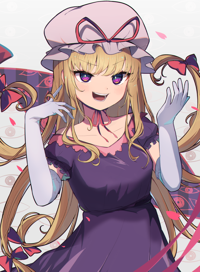 1girl alternate_eye_color bangs black_eyes blonde_hair blush bow breasts cherry_blossoms collarbone cowboy_shot dress elbow_gloves eyebrows_visible_through_hair eyes eyes_visible_through_hair floating_hair frilled_gloves frilled_sleeves frills gap_(touhou) gloves goma_(u_p) gradient_eyes hair_bow hand_in_hair hands_up hat hat_ribbon looking_at_viewer medium_breasts mob_cap multicolored multicolored_eyes neck_ribbon off_shoulder open_hand open_mouth petals pink_bow pink_eyes pink_ribbon purple_dress reflective_eyes ribbon shiny shiny_clothes shiny_hair short_sleeves sidelocks smile solo teeth touhou tsurime violet_eyes white_gloves white_headwear yakumo_yukari yellow_eyes