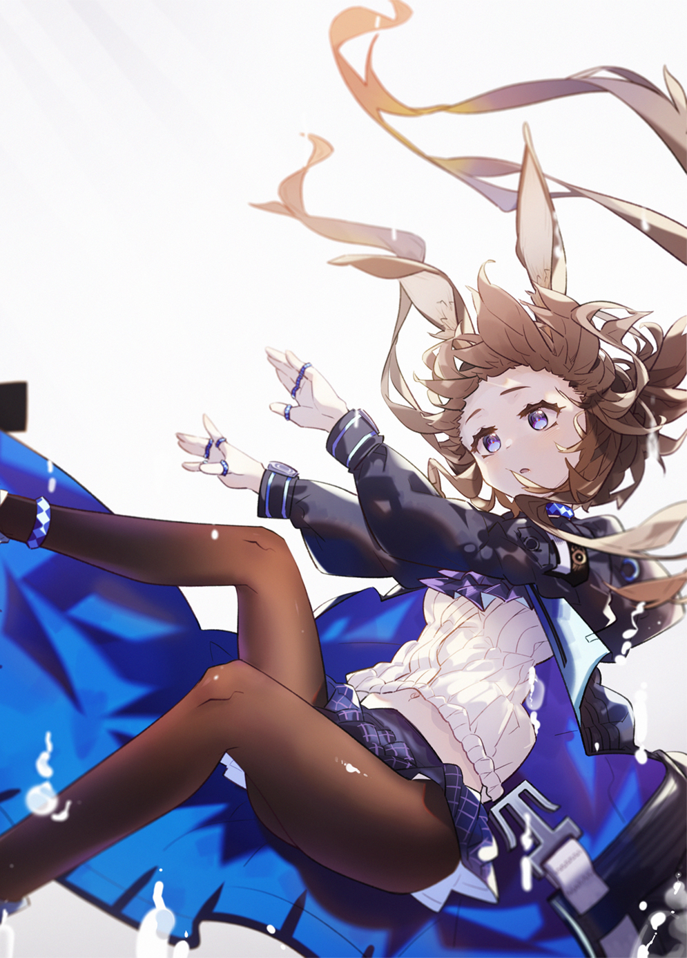 1girl amiya_(arknights) animal_ears arknights ascot black_coat black_legwear blue_coat blue_eyes blue_skirt brown_hair chinese_commentary coat commentary_request cuicuijiao falling feet_out_of_frame highres jewelry long_hair midriff_peek multiple_rings navel pantyhose parted_lips plaid plaid_skirt purple_neckwear rabbit_ears ribbed_sweater ring skirt solo sweater two-sided_coat white_background white_sweater