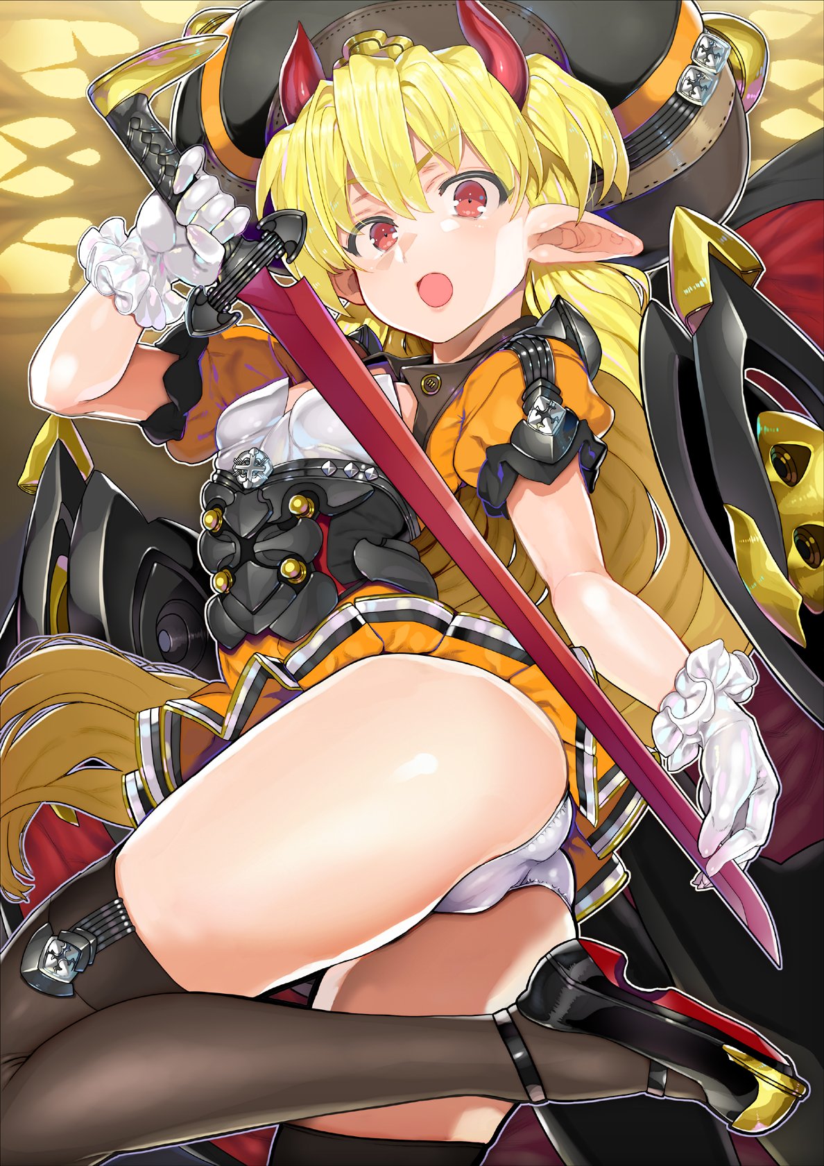 1girl ass bangs black_footwear black_headwear black_legwear blonde_hair breasts char cleavage_cutout clothing_cutout commentary demon_horns dress gloves grey_panties hat highres holding holding_sword holding_weapon horns large_hat leg_up long_hair orange_dress original panties pleated_dress pointy_ears red_eyes red_horns rigging shoes short_dress short_sleeves skindentation small_breasts solo standing standing_on_one_leg sword thigh-highs underwear very_long_hair weapon white_gloves