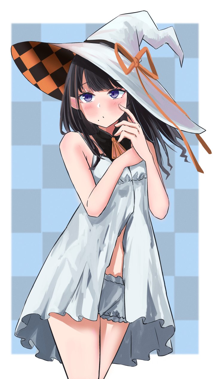 1girl bare_shoulders black_hair black_rabbit_77 bloomers blue_eyes blush bow camisole checkered checkered_background ear embarrassed hand_on_own_cheek hat highres idolmaster idolmaster_shiny_colors kazano_hiori legs_together looking_to_the_side mole orange_bow orange_ribbon ribbon standing underwear white_bloomers white_camisole witch_hat