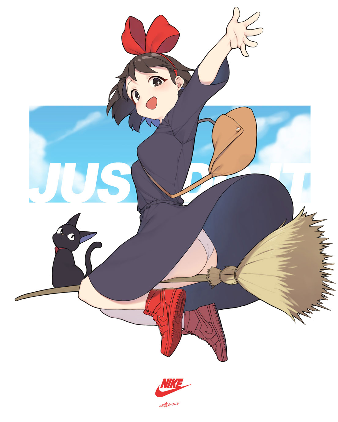 1girl :d air_jordan_1 animal arm_up ass bag black_cat black_dress blue_sky blush breasts broom broom_riding brown_eyes brown_hair cat cloba dress english_text from_behind full_body hair_ribbon highres jiji_(majo_no_takkyuubin) kiki looking_at_viewer looking_back majo_no_takkyuubin nike no_legwear open_mouth outstretched_arm panties pantyshot red_footwear red_ribbon ribbon shoes short_hair short_sleeves shoulder_bag signature sitting sky small_breasts smile underwear upskirt waving