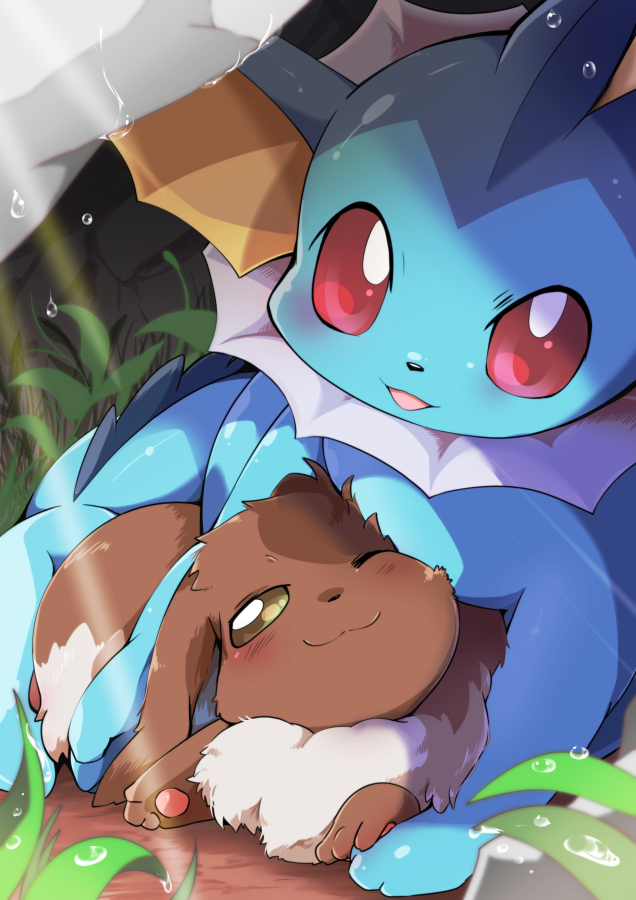 azuma_minatsu blush brown_fur closed_mouth commentary_request eevee foliage gen_1_pokemon leaf looking_at_viewer no_humans one_eye_closed paws pokemon pokemon_(creature) red_eyes smile vaporeon water_drop