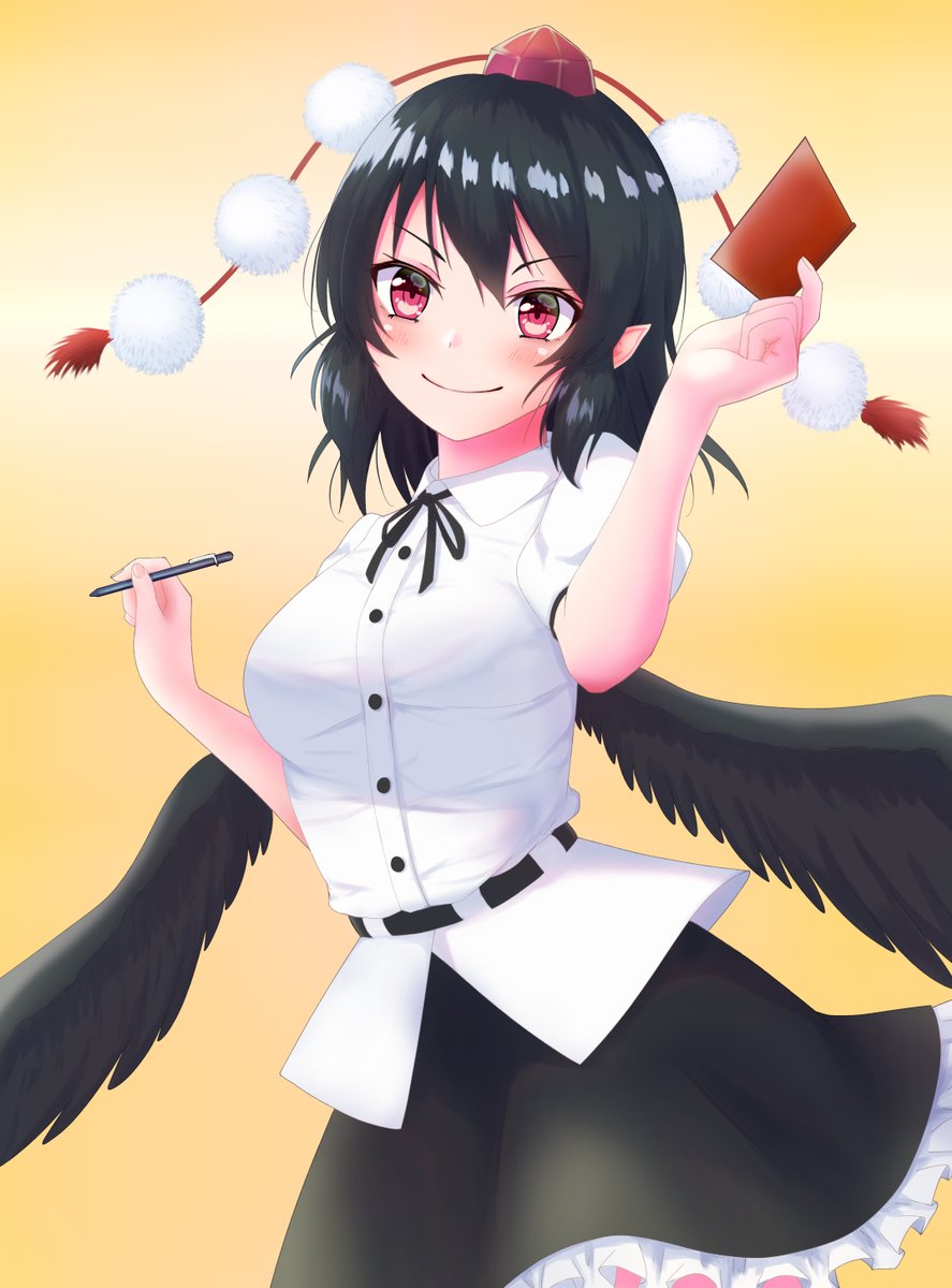 1girl arm_up bangs belt black_hair black_neckwear black_ribbon black_skirt black_wings blush breasts closed_mouth collared_shirt commentary_request cowboy_shot dutch_angle eyebrows_visible_through_hair feathered_wings gradient gradient_background hat highres holding holding_notepad holding_pen looking_at_viewer medium_breasts neck_ribbon notepad o1118 pen petticoat pom_pom_(clothes) puffy_short_sleeves puffy_sleeves red_eyes red_headwear ribbon shameimaru_aya shirt short_hair short_sleeves simple_background skirt smile solo standing swept_bangs tokin_hat touhou v-shaped_eyebrows white_shirt wings yellow_background