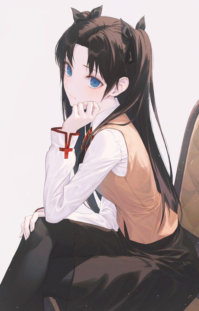 1girl bangs beige_vest black_hair black_legwear black_ribbon black_skirt blue_eyes blush breasts brown_hair crossed_legs fate/stay_night fate_(series) hair_ribbon hiera12 long_hair long_sleeves looking_at_viewer parted_bangs ribbon shirt sitting skirt small_breasts solo thigh-highs tohsaka_rin two_side_up white_shirt