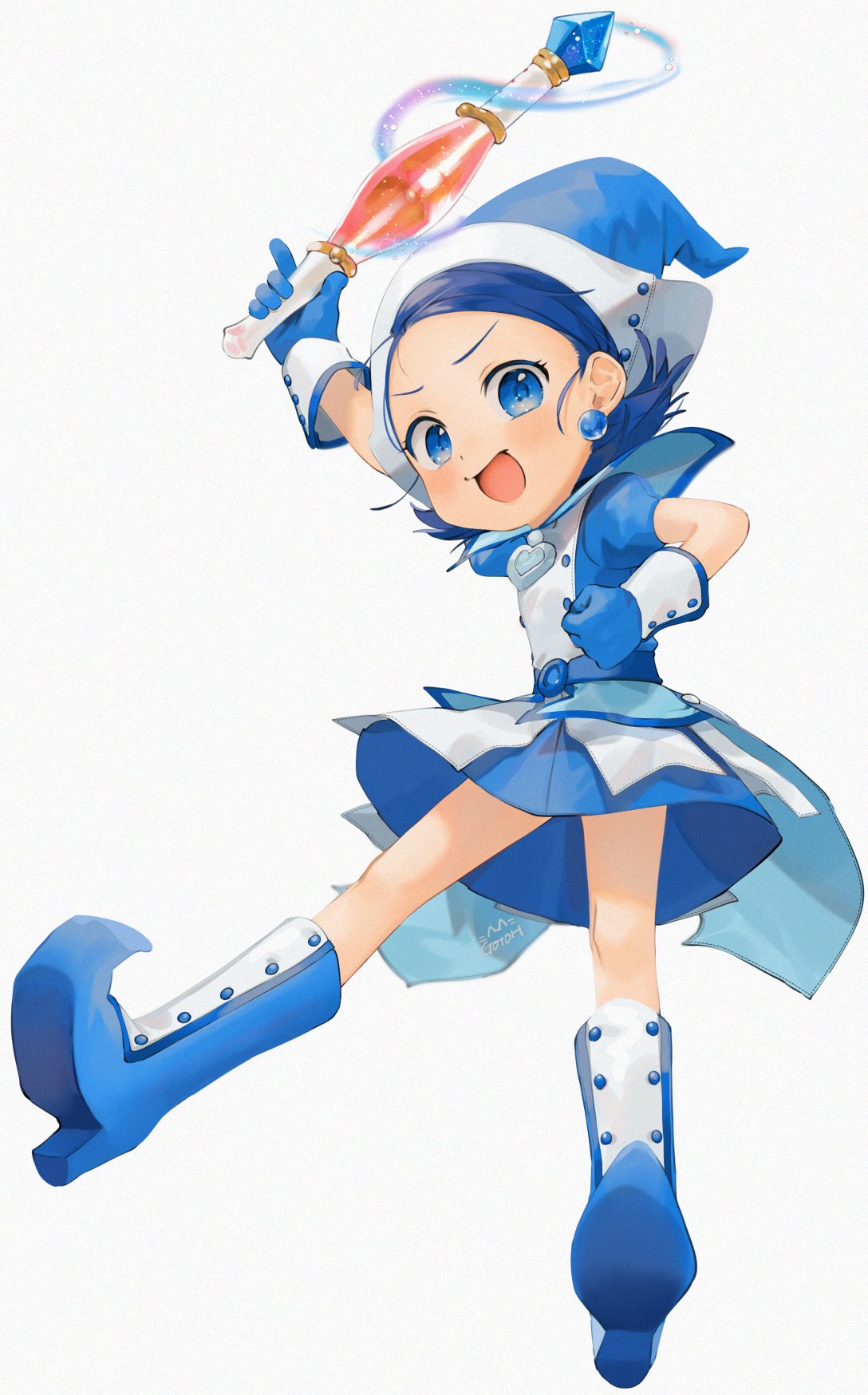 1girl :d arm_up artist_name blue_dress blue_eyes blue_footwear blue_gloves blue_hair blue_headwear boots clenched_hand commentary dress earrings full_body gloves gotoh510 grey_background hat heart high_heel_boots high_heels highres holding holding_wand jewelry looking_at_viewer magical_girl ojamajo_doremi open_mouth pointy_footwear puffy_short_sleeves puffy_sleeves sailor_collar senoo_aiko short_dress short_hair short_sleeves simple_background smile solo standing wand witch_hat