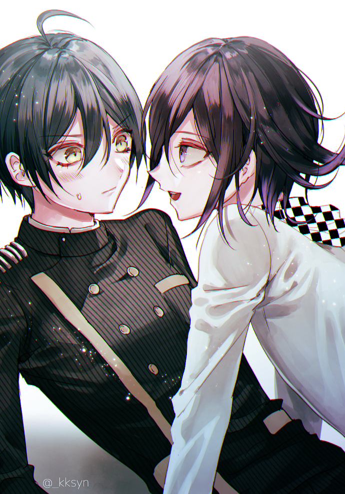 2boys ahoge artist_name bangs black_hair blush brown_eyes checkered checkered_scarf commentary_request dangan_ronpa double-breasted gakuran gradient gradient_background grey_background hair_between_eyes long_sleeves looking_at_another male_focus multicolored_hair multiple_boys new_dangan_ronpa_v3 open_mouth ouma_kokichi purple_hair saihara_shuuichi sakuyu scarf school_uniform short_hair smile straitjacket striped_jacket sweatdrop two-tone_hair upper_body upper_teeth violet_eyes white_background