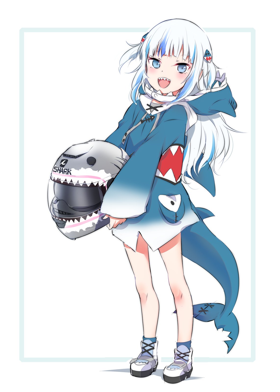 1girl animal_hood blue_eyes gawr_gura helmet highres hololive hololive_english hood iesupa long_sleeves motorcycle_helmet shark_girl shark_hood shark_print shark_tail sharp_teeth shoes sneakers solo tail teeth teeth_print white_hair