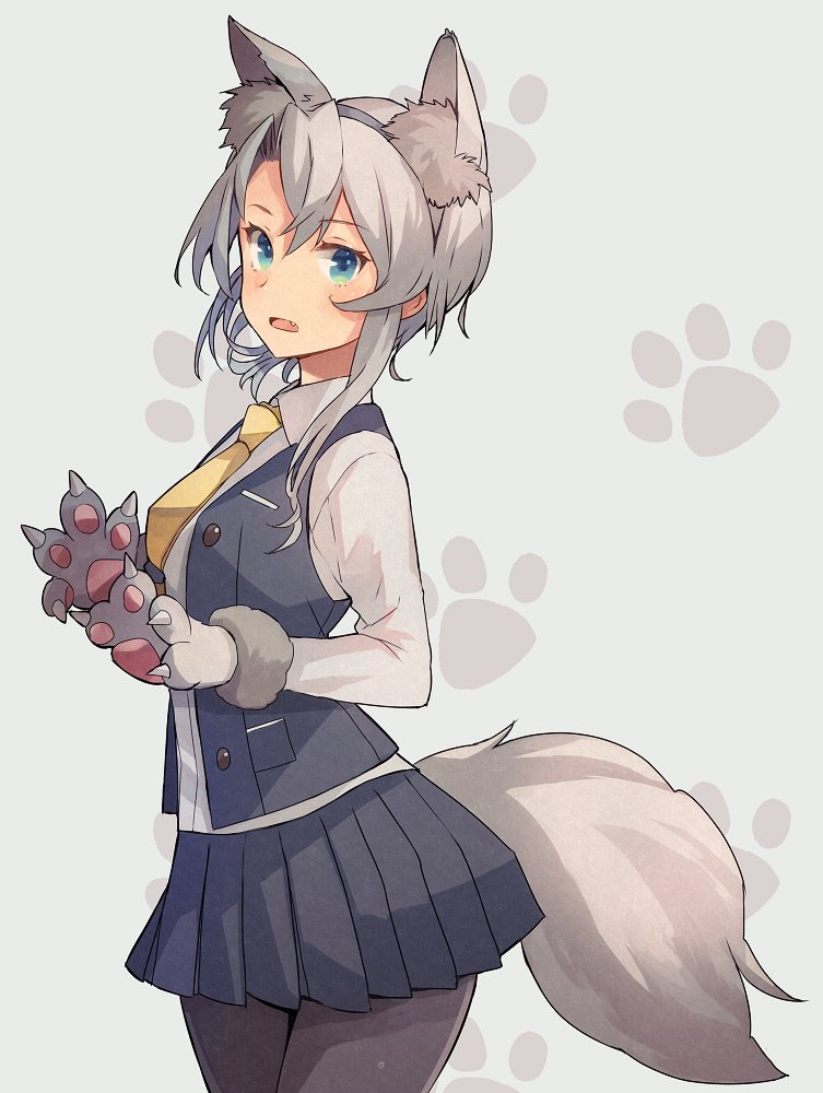 1girl animal_ear_fluff animal_ears asymmetrical_hair bangs black_legwear black_skirt black_vest blue_eyes eyebrows_visible_through_hair fake_animal_ears fang fur_trim gloves grey_background grey_hair kantai_collection kasumi_(skchkko) long_sleeves necktie nowaki_(kantai_collection) open_mouth pantyhose paw_background paw_gloves paw_print paws pleated_skirt shirt simple_background skirt solo tail vest white_shirt yellow_neckwear