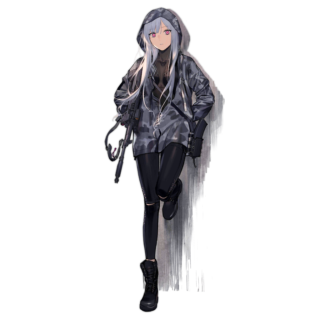 1girl ak-12 ak-12_(girls_frontline) alternate_costume assault_rifle book camouflage_jacket duoyuanjun girls_frontline glowing glowing_eyes gun holding holding_weapon hood hooded_jacket jacket long_hair magazine_(weapon) official_art pink_eyes rifle scope silver_hair solo thigh-highs weapon wide-eyed
