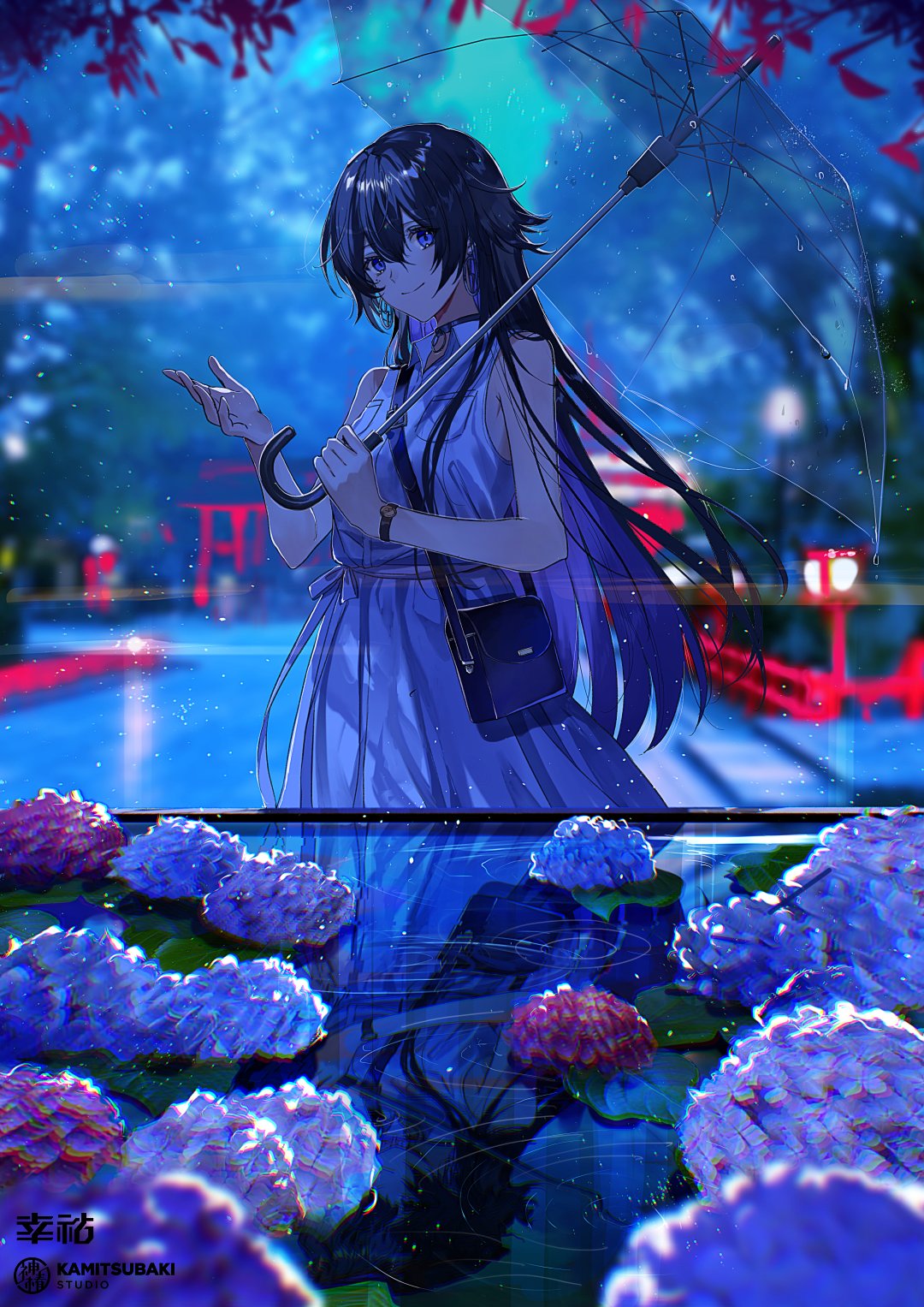 1girl bag blue_eyes blue_flower closed_mouth dress fence flower hand_up highres holding holding_umbrella hydrangea kamitsubaki_studio koko_(kamitsubaki_studio) koko_virtual light long_hair looking_at_viewer outdoors pink_flower purple_flower purple_hair rain road sleeveless sleeveless_dress smile solo street tree umbrella water white_dress