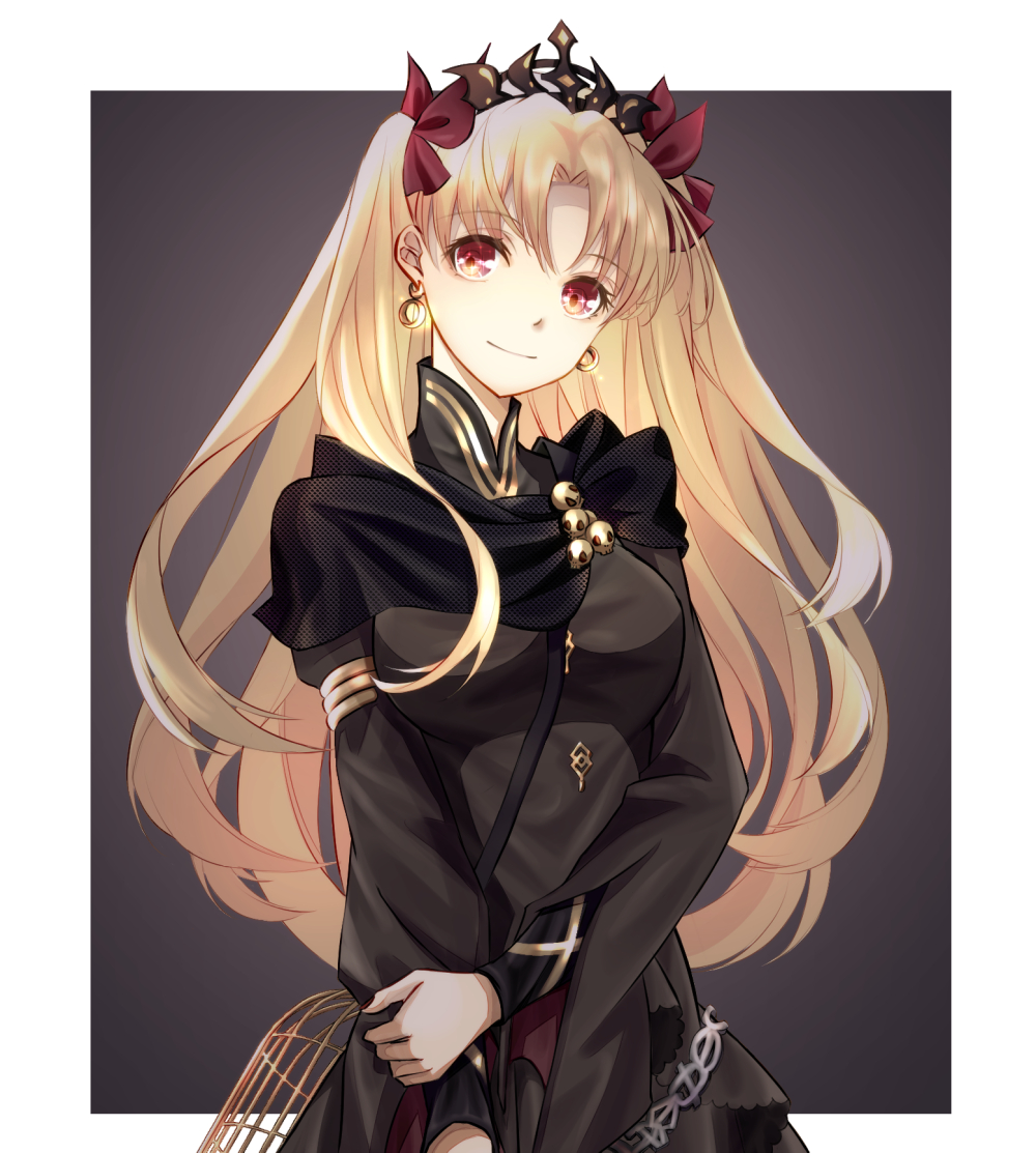 1girl bangs black_dress blonde_hair blush breasts dress earrings ereshkigal_(fate/grand_order) fate/grand_order fate_(series) gold_trim hoop_earrings jewelry long_hair long_sleeves looking_at_viewer medium_breasts parted_bangs skull smile tiara tohsaka_rin two_side_up type-moon ura_komaru