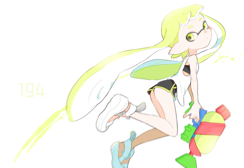 1girl artist_name bangs black_shorts blunt_bangs closed_mouth commentary dolphin_shorts domino_mask from_side green_eyes green_hair holding holding_weapon imaikuy0 inkling jumping long_hair mask paint_splatter pointy_ears salute shirt short_shorts shorts sleeveless sleeveless_shirt solo splatoon_(series) splatoon_2 splattershot_(splatoon) symbol_commentary tentacle_hair very_long_hair weapon white_background white_footwear white_shirt