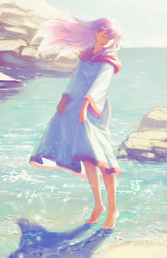 1girl :d barefoot closed_eyes day dragon_quest dragon_quest_ii dress holding holding_clothes holding_dress long_hair ocean open_mouth outdoors pink_hair princess_of_moonbrook robe rock shore smile solo wading water yuza