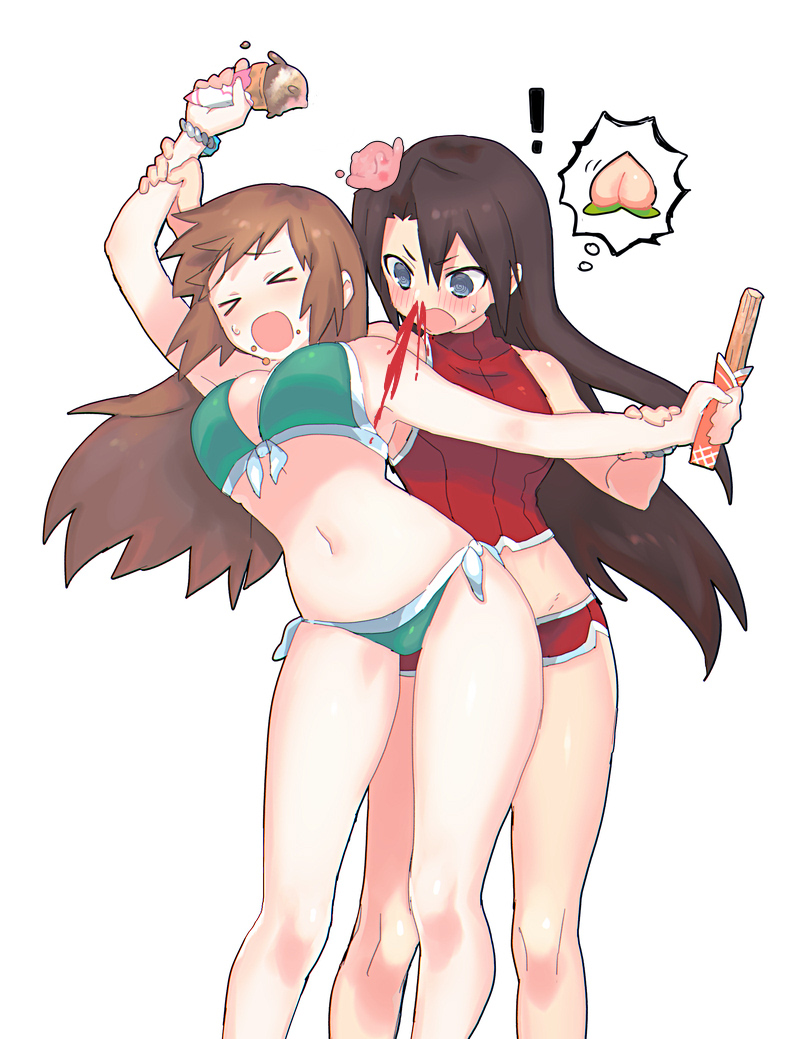 ! &gt;_&lt; &gt;o&lt; 2girls ass bikini black_hair blood blue_eyes blush breasts brown_hair commentary_request feet_out_of_frame fitness_(manga) food hair_between_eyes holding ice_cream ice_cream_cone kannagi_natsuki large_breasts long_hair multiple_girls navel nosebleed ooshio7734 open_mouth red_bikini standing sugawara_makoto sweatdrop swimsuit thought_bubble turtleneck v-shaped_eyebrows yuri