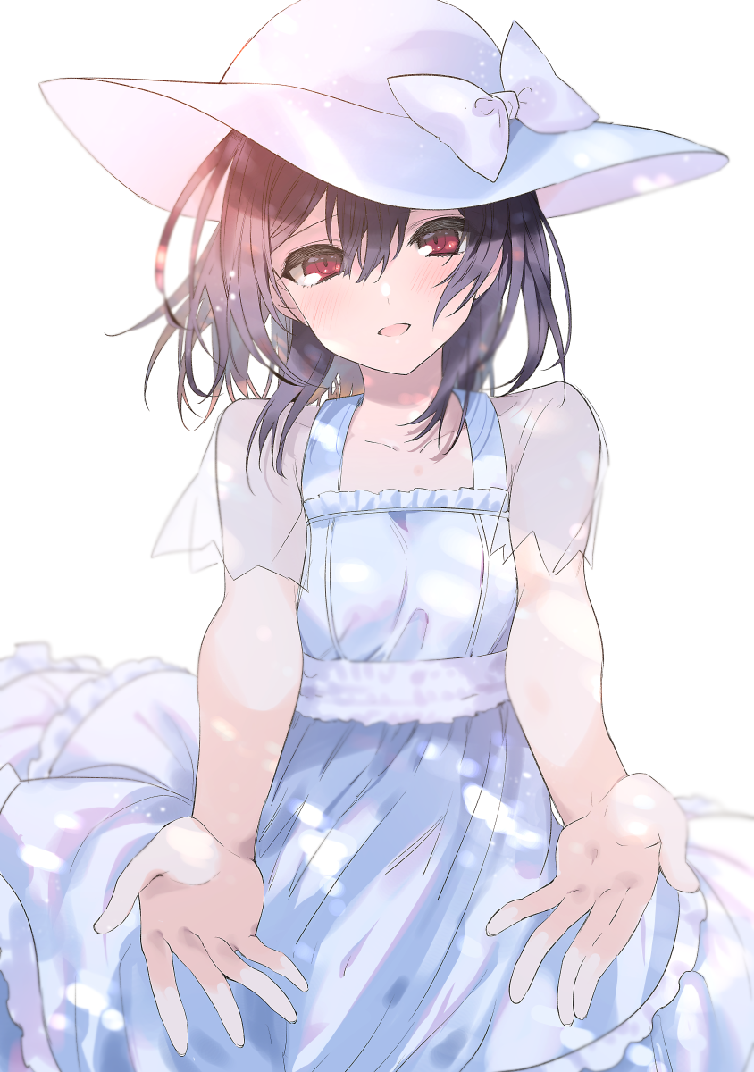 1girl bangs blue_hair blush collarbone commentary dappled_sunlight dress hair_between_eyes hat hat_ribbon highres idolmaster idolmaster_shiny_colors looking_at_viewer morino_rinze open_mouth outstretched_arms red_eyes ribbon see-through short_hair short_sleeves shotan simple_background smile solo sun_hat sunlight upper_body white_background white_dress white_headwear