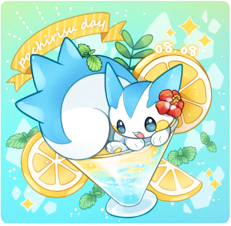 animal animal_focus blue_eyes cocktail_glass commentary cup dated drinking_glass flower food fruit hair_flower hair_ornament hibiscus kuo lemon lemon_slice mint no_humans open_mouth pachirisu parsley pokemon pokemon_(creature) sparkle squirrel teeth upper_teeth