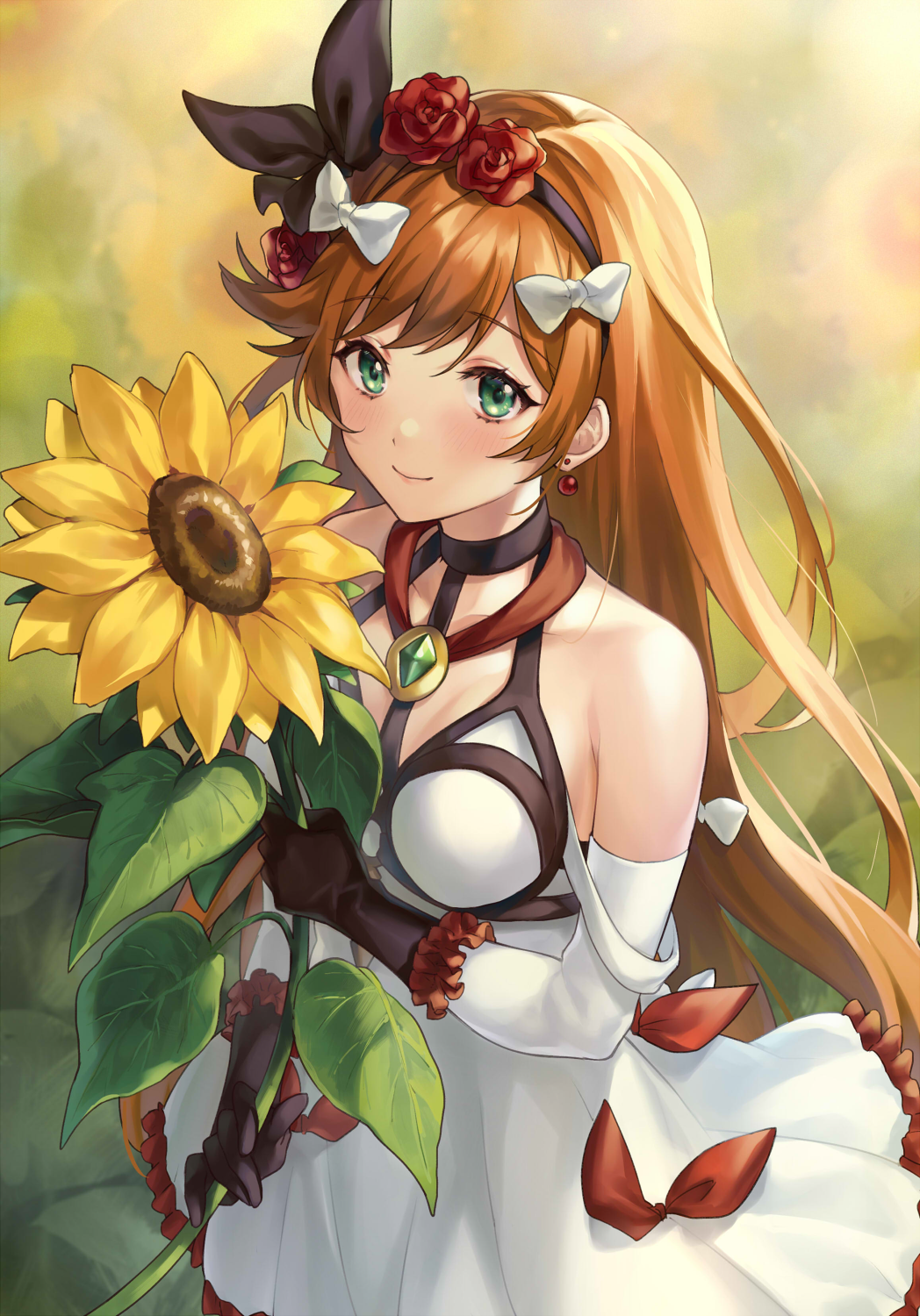 1girl bangs bare_shoulders black_gloves black_hairband black_ribbon blurry blurry_background bow breasts brown_hair clarisse_(granblue_fantasy) closed_mouth depth_of_field detached_sleeves dress eyebrows_visible_through_hair flower frilled_dress frilled_gloves frills gloves granblue_fantasy green_eyes hair_between_eyes hair_bow hair_flower hair_ornament hair_ribbon hairband highres holding holding_flower long_hair long_sleeves looking_at_viewer red_flower red_rose ribbon rose shiao sleeveless sleeveless_dress small_breasts smile solo sunflower very_long_hair white_bow white_dress white_sleeves yellow_flower