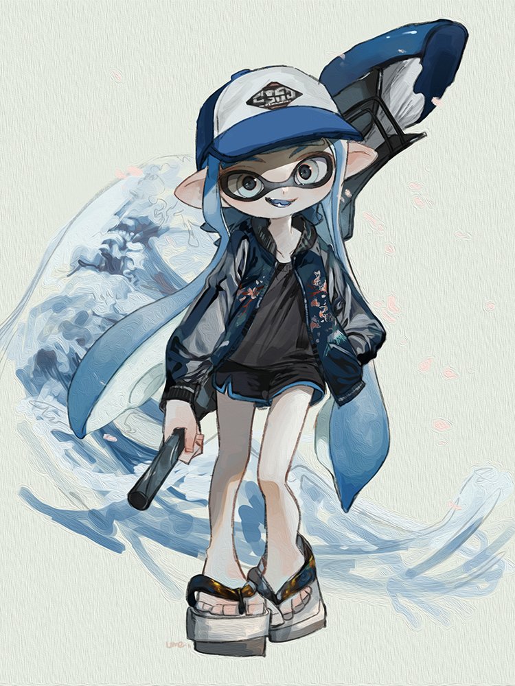 1girl artist_name bangs baseball_cap black_jacket black_shirt black_shorts blue_hair blue_headwear blue_tongue blunt_bangs commentary dolphin_shorts domino_mask fang grey_eyes grey_footwear hand_in_pocket hat holding holding_weapon inkling jacket long_hair looking_at_viewer mask object_behind_back octobrush_(splatoon) open_clothes open_jacket open_mouth pointy_ears print_headwear sandals shirt short_shorts shorts signature smile solo splatoon_(series) splatoon_2 standing symbol_commentary tentacle_hair texture ume_spla4 very_long_hair weapon