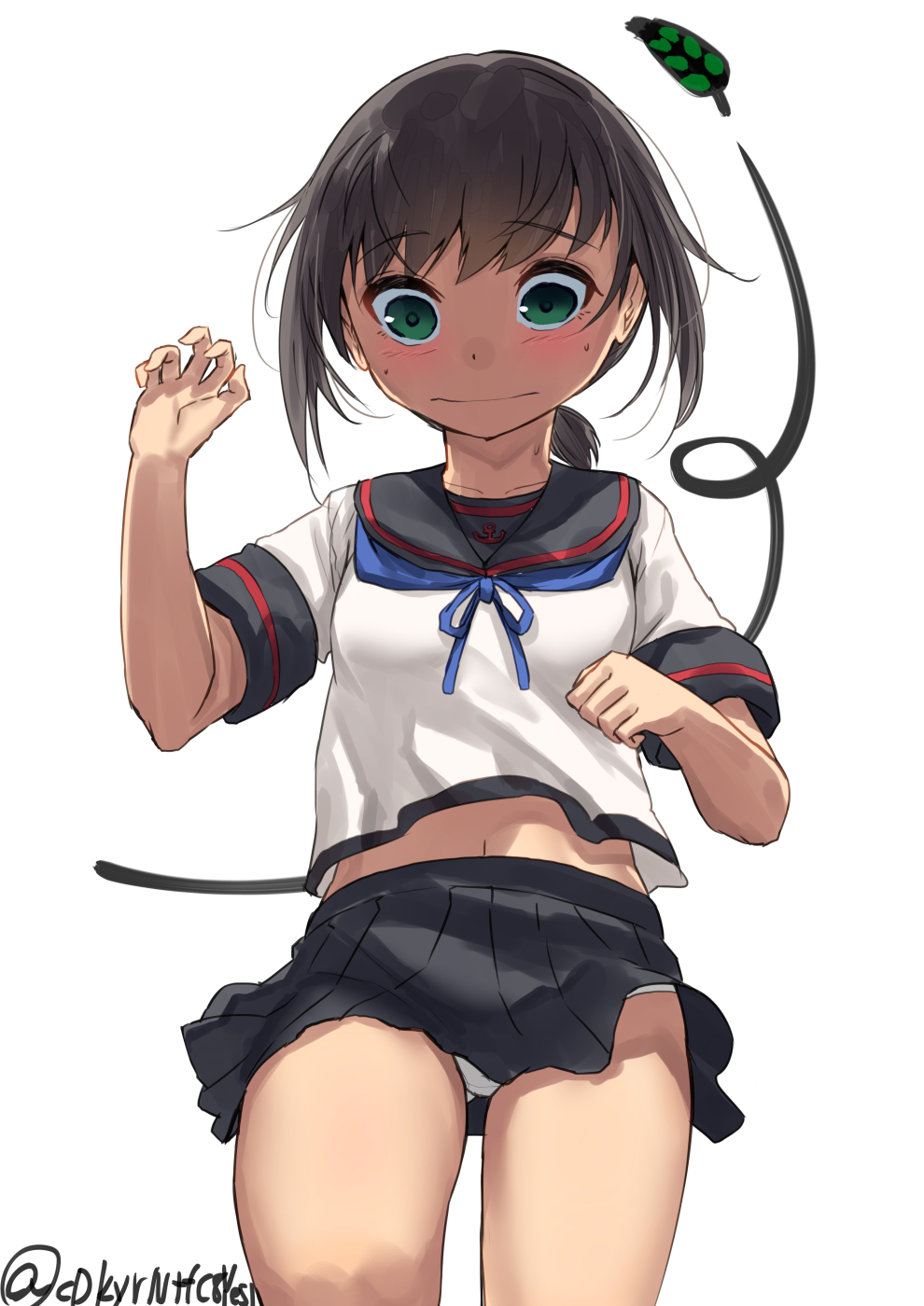 1girl black_hair black_sailor_collar black_skirt blue_neckwear collared_shirt commentary_request cowboy_shot fubuki_(kantai_collection) green_eyes highres kantai_collection leaf long_hair low_ponytail panties pleated_skirt ponytail remodel_(kantai_collection) sailor_collar school_uniform serafuku shirt short_ponytail short_sleeves sidelocks simple_background skirt skirt_lift solo surprised twitter_username underwear white_background white_panties wind wind_lift zombie_mogura